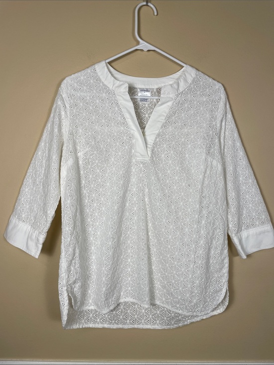 Lands' End Tops - Lands’ End Women’s Floral Eyelet White 7/8 Sleeve Split Neck Tunic Blouse